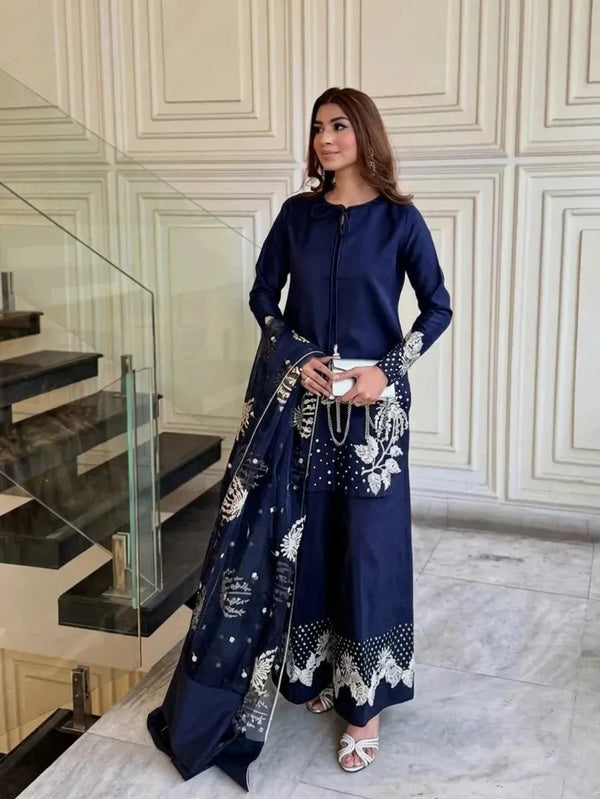Blue Sequin Embroidered 3-Piece Women Suit Set