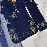 Blue Sequin Embroidered 3Pcs Women Suit Set