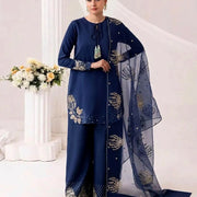 Blue Sequin Embroidered 3Pcs Women Suit Set