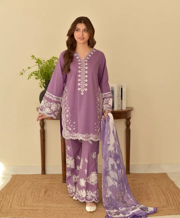 3-Piece Women's Stitched Cotton Lawn Embroidered Suit