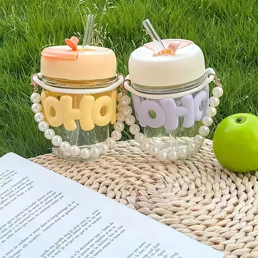 Cute Glass Water Bottle with Straw & Pearl Handle – Portable Leakproof Drinking Bottle for Kids & Girls