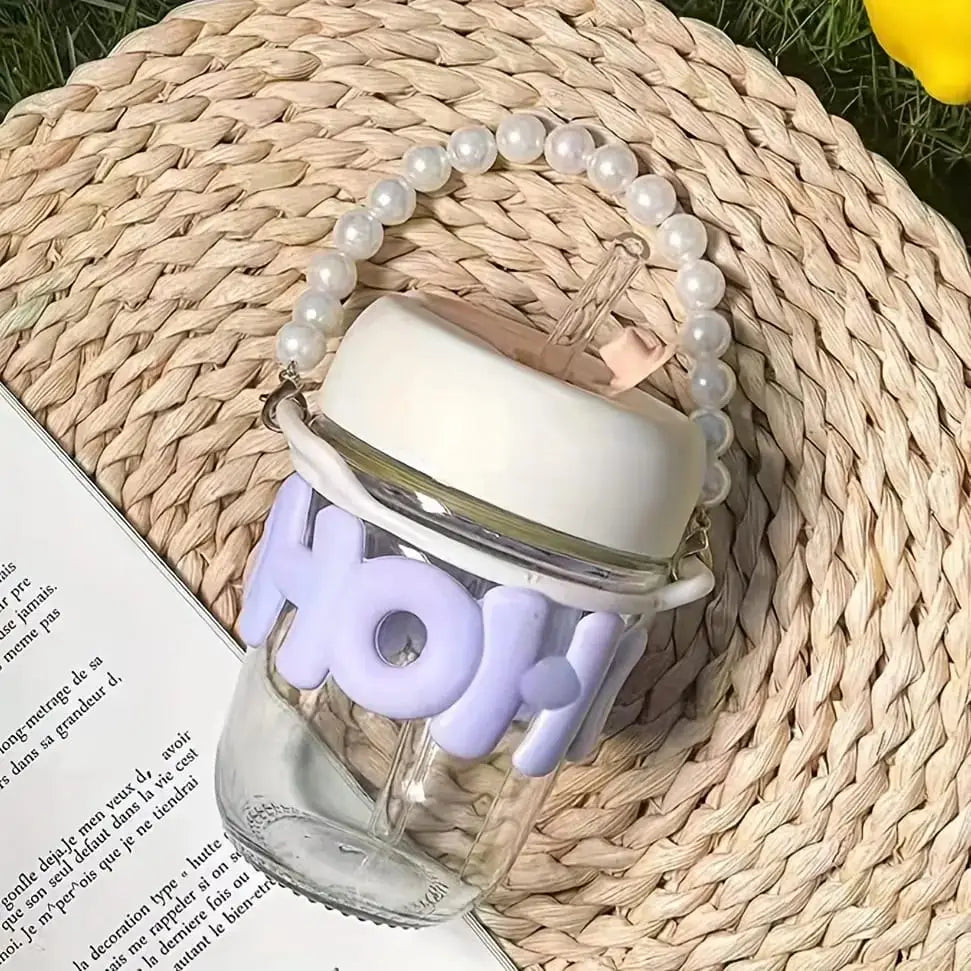 Cute Glass Water Bottle with Straw & Pearl Handle – Portable Leakproof Drinking Bottle for Kids & Girls