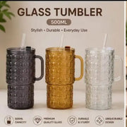 500ML Glass Tumbler with Handle & Straw – Bubble Design Drinking Cup with Lid – Reusable Iced Coffee, Juice & Smoothie Glass Mug