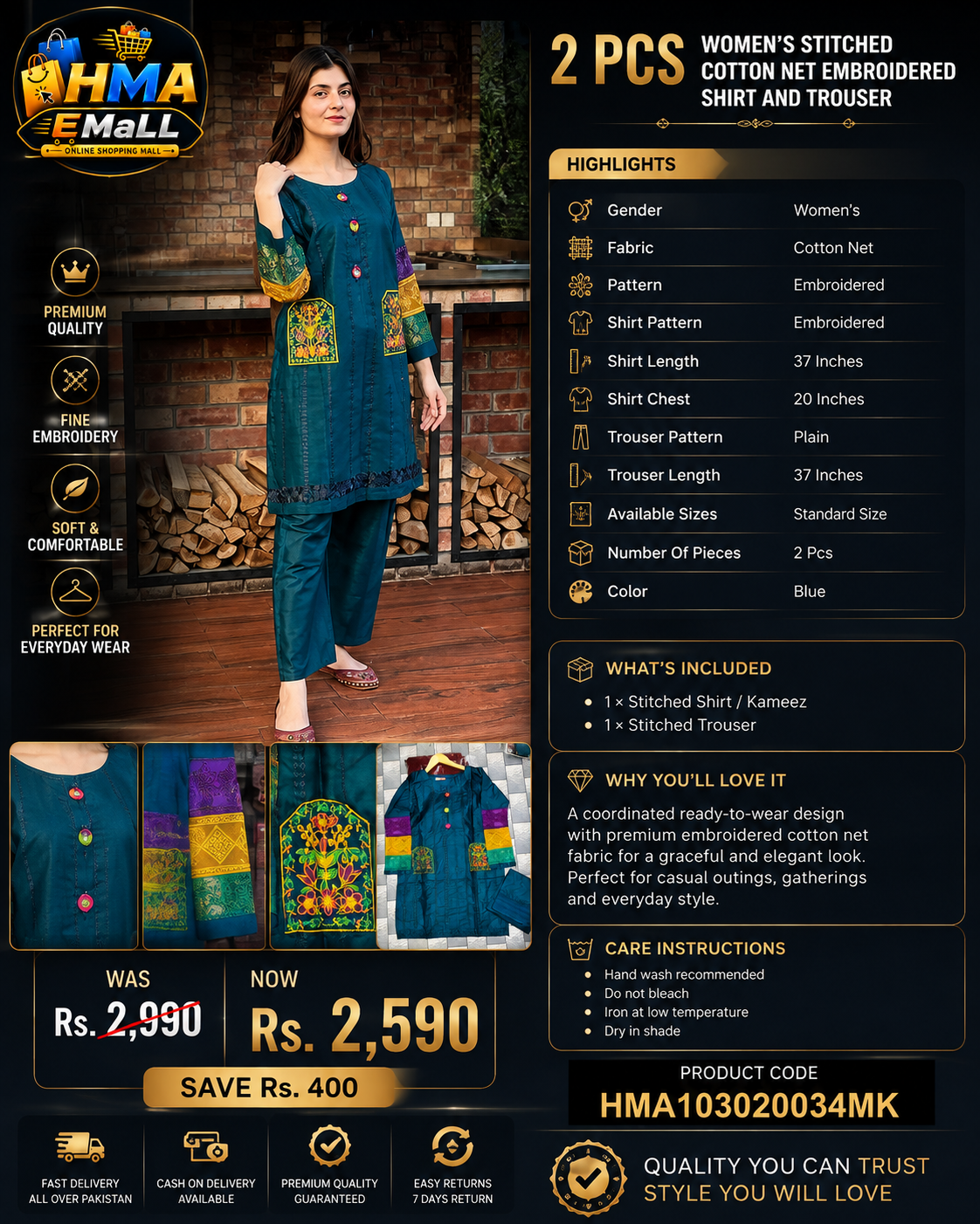 Women's 2-Piece Stitched Cotton Net Embroidered Shirt And Trouser
