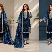 3-Piece Women's Stitched Organza Blue Embroidered Suit