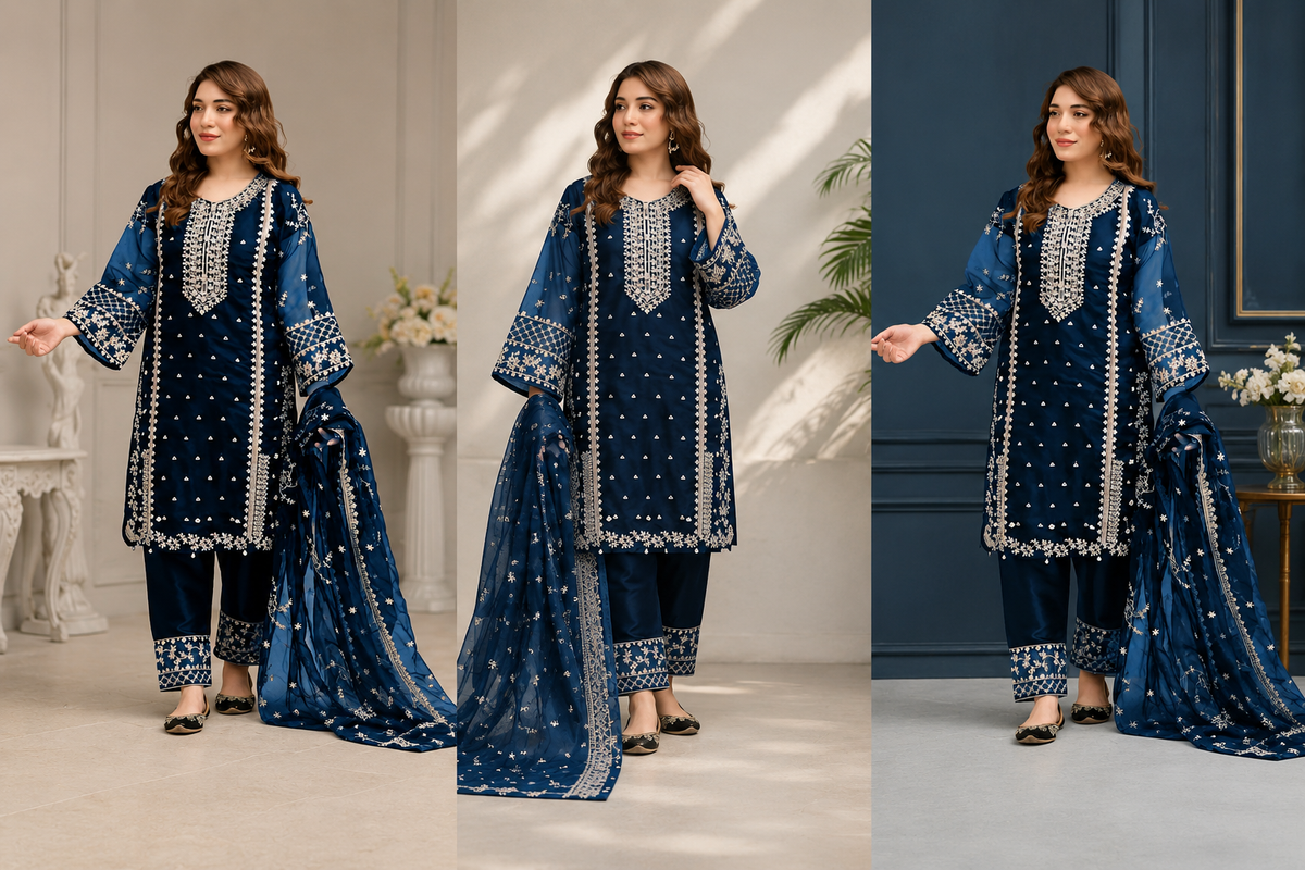 3-Piece Women's Stitched Organza Blue Embroidered Suit
