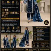 3-Piece Women's Stitched Organza Blue Embroidered Suit