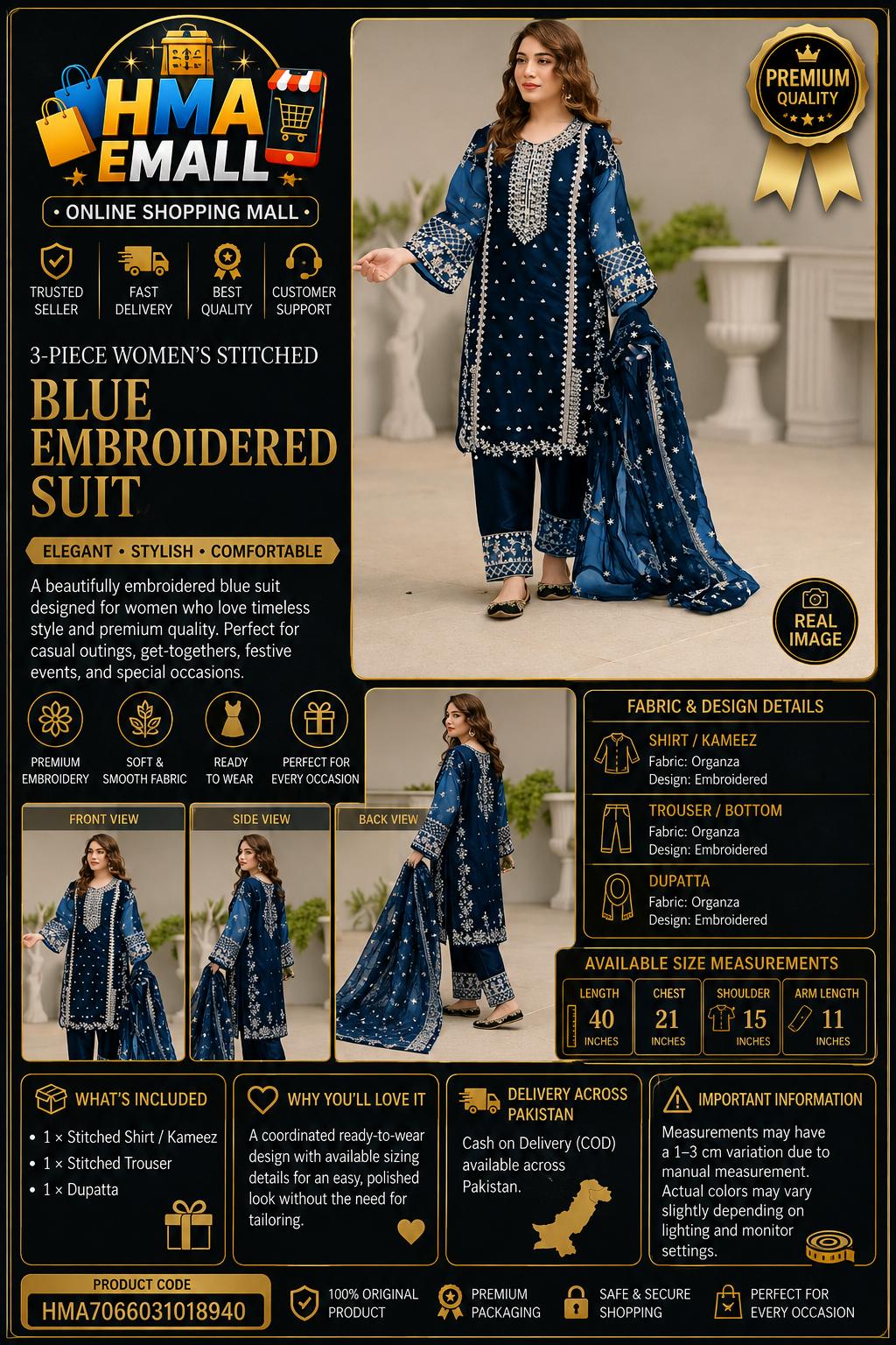 3-Piece Women's Stitched Organza Blue Embroidered Suit