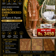3-Piece Women's Stitched Brown Embroidered Suit with Sequins & Dupatta