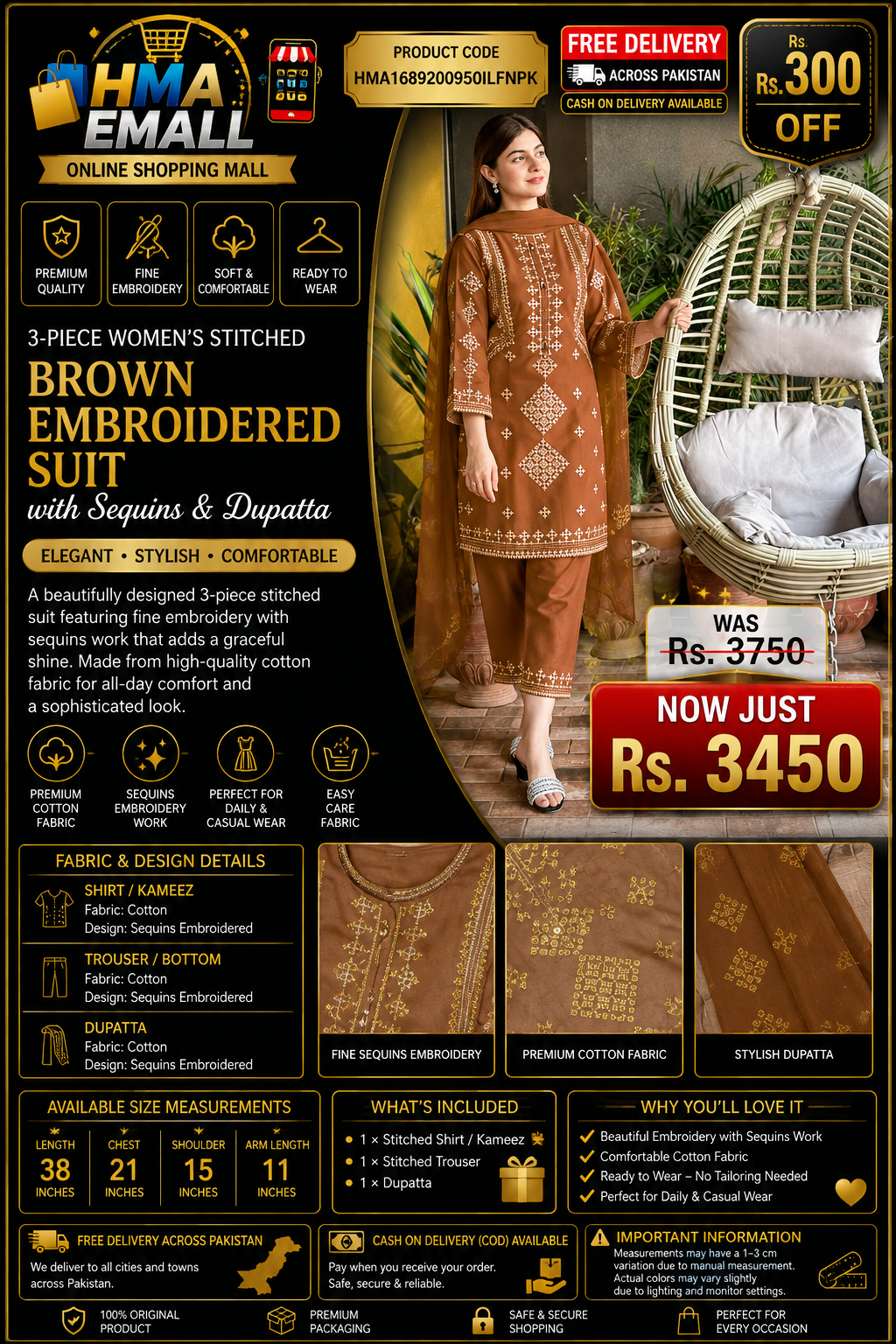 3-Piece Women's Stitched Brown Embroidered Suit with Sequins & Dupatta