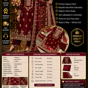 3-Piece Women's Stitched Maroon Embroidered Organza Suit for Eid Party Wear