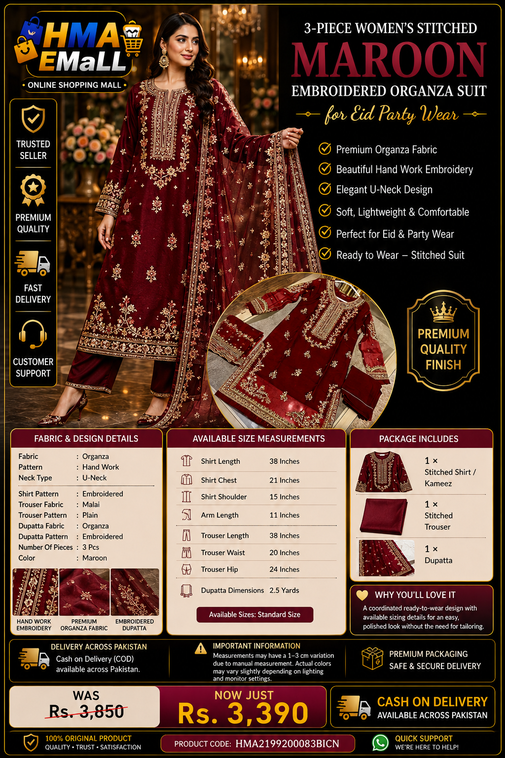 3-Piece Women's Stitched Maroon Embroidered Organza Suit for Eid Party Wear