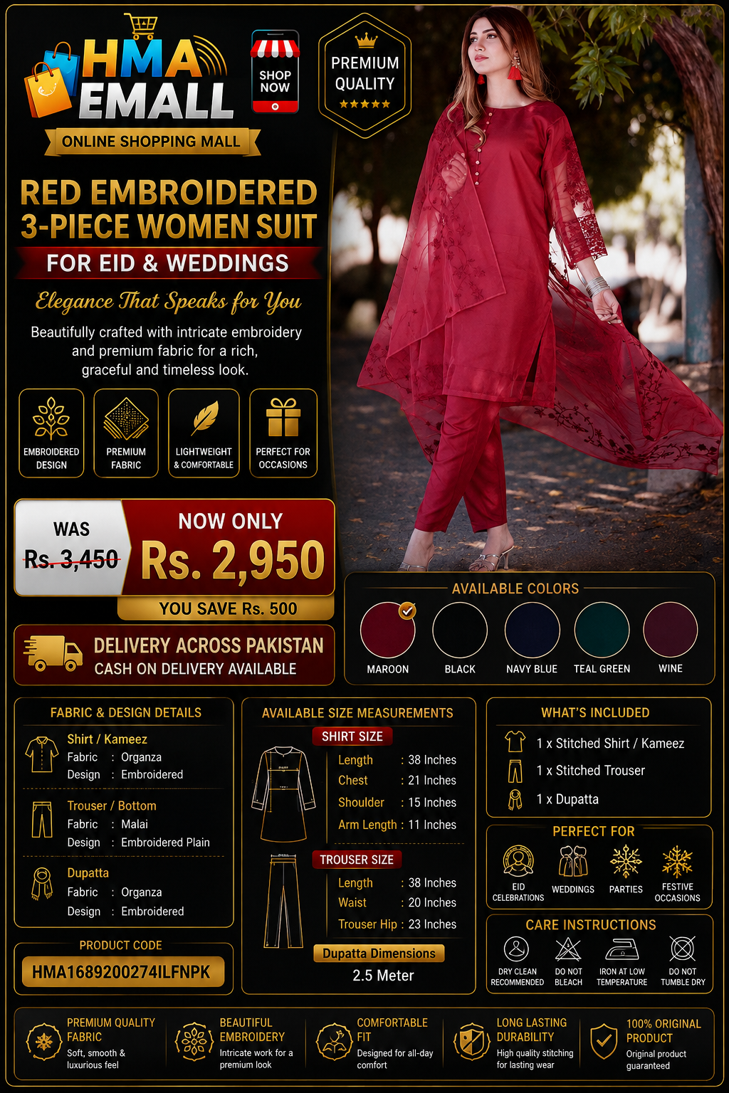 3-Piece Women's Stitched Maroon Embroidered Suit for Occasions
