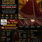 3-Piece Women's Stitched Maroon Shamoz Silk Maxi Suit with Mirror Work for Pakistani Brides