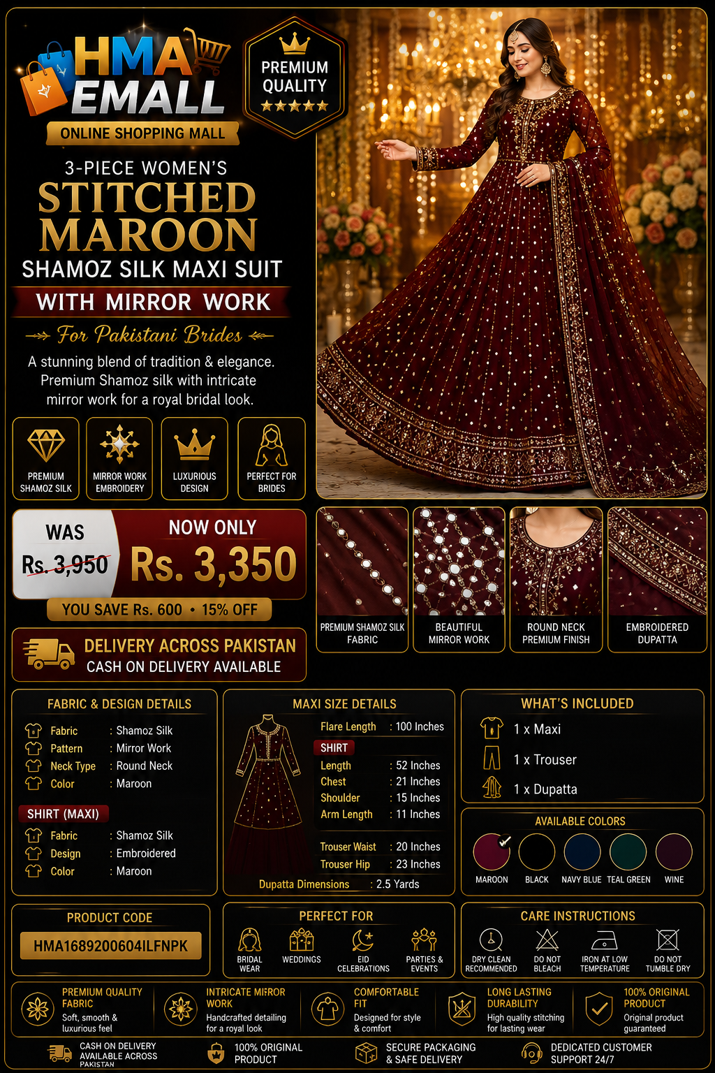 3-Piece Women's Stitched Maroon Shamoz Silk Maxi Suit with Mirror Work for Pakistani Brides