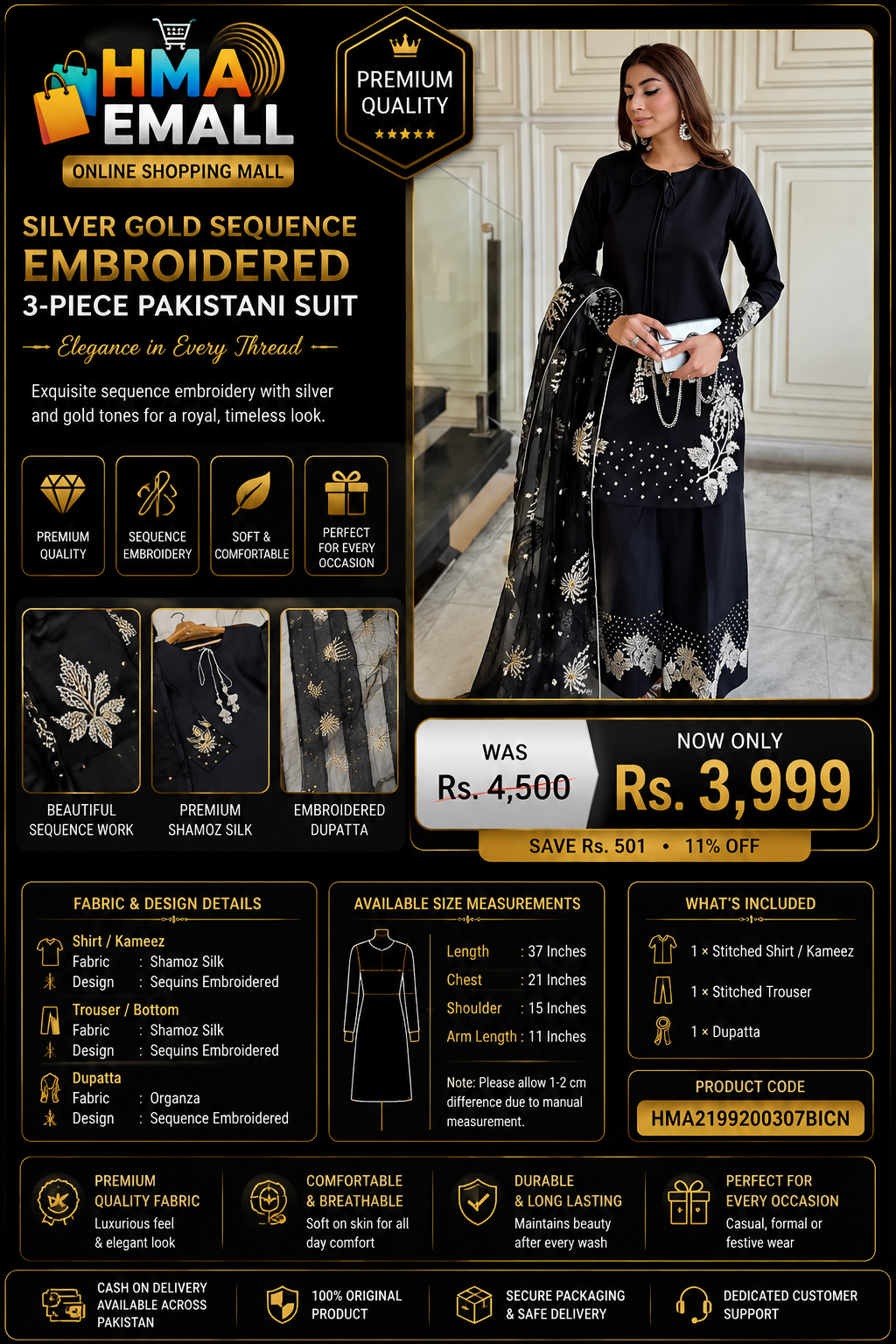 3-Piece Women's Stitched Silver Gold Sequence Embroidered Pakistani Suit