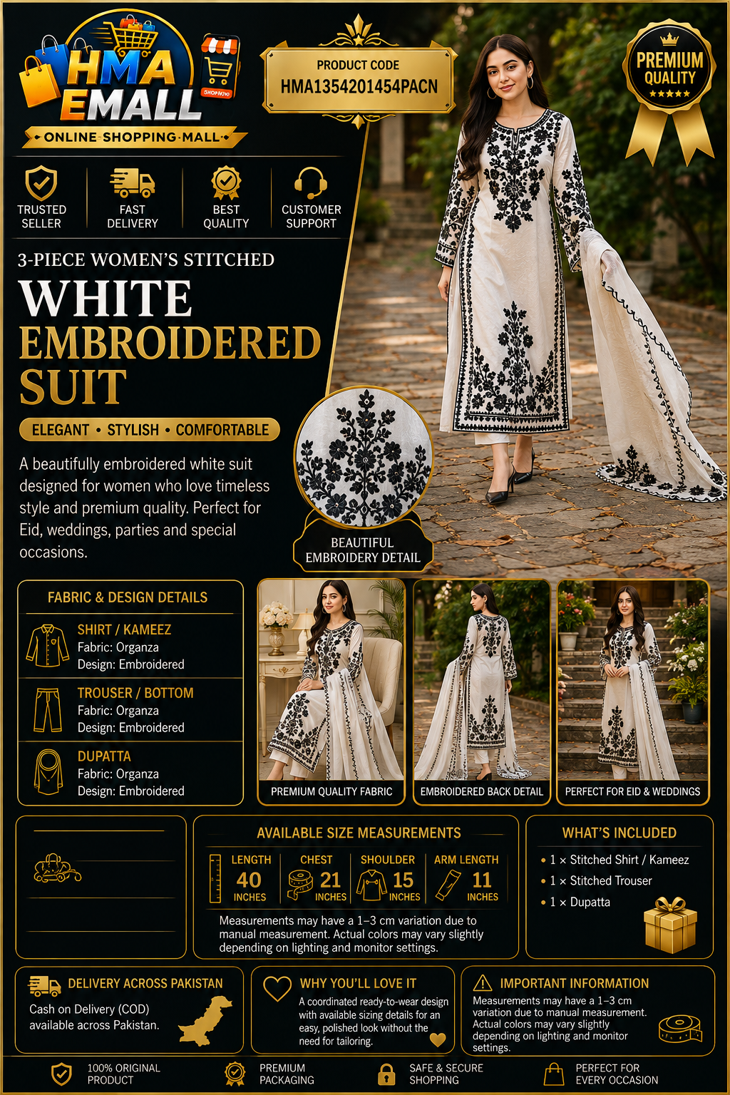 3-Piece Women's Stitched White Embroidered Suit for Eid & Weddings