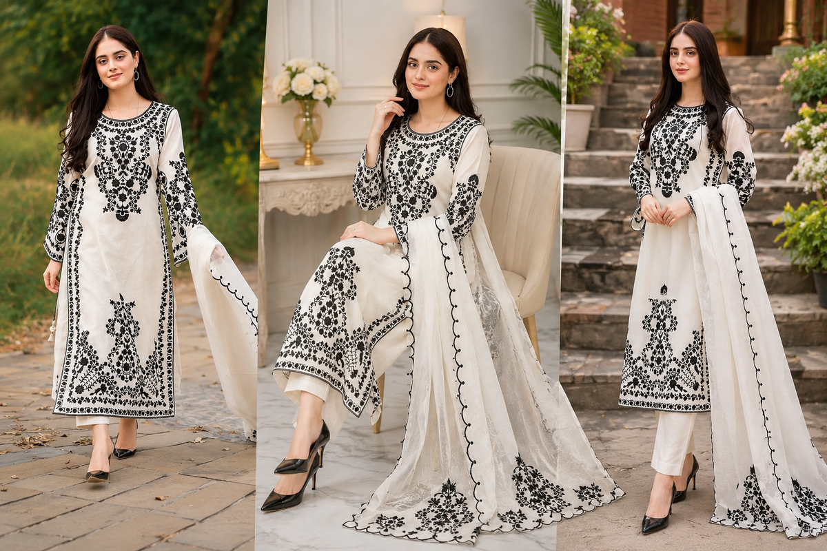 3-Piece Women's Stitched White Embroidered Suit for Eid & Weddings