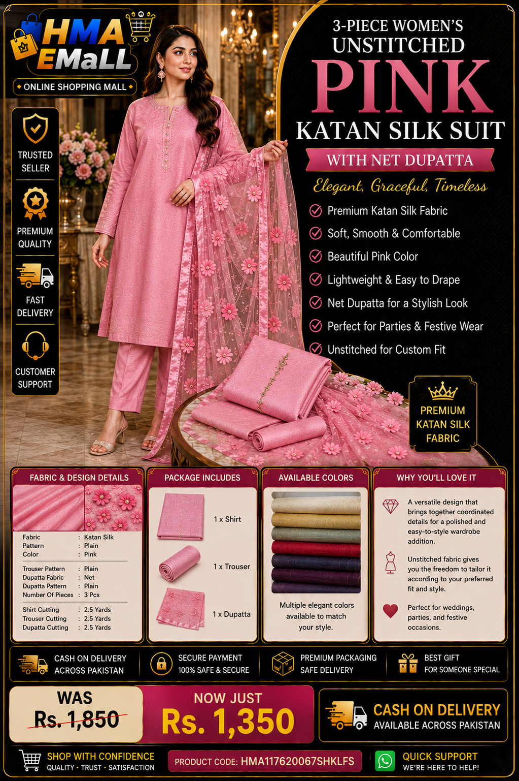3-Piece Women's UnStitched Pink Katan Silk Suit