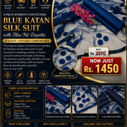 3-Piece Women's Unstitched Blue Katan Silk Suit with Blue Net Dupatta
