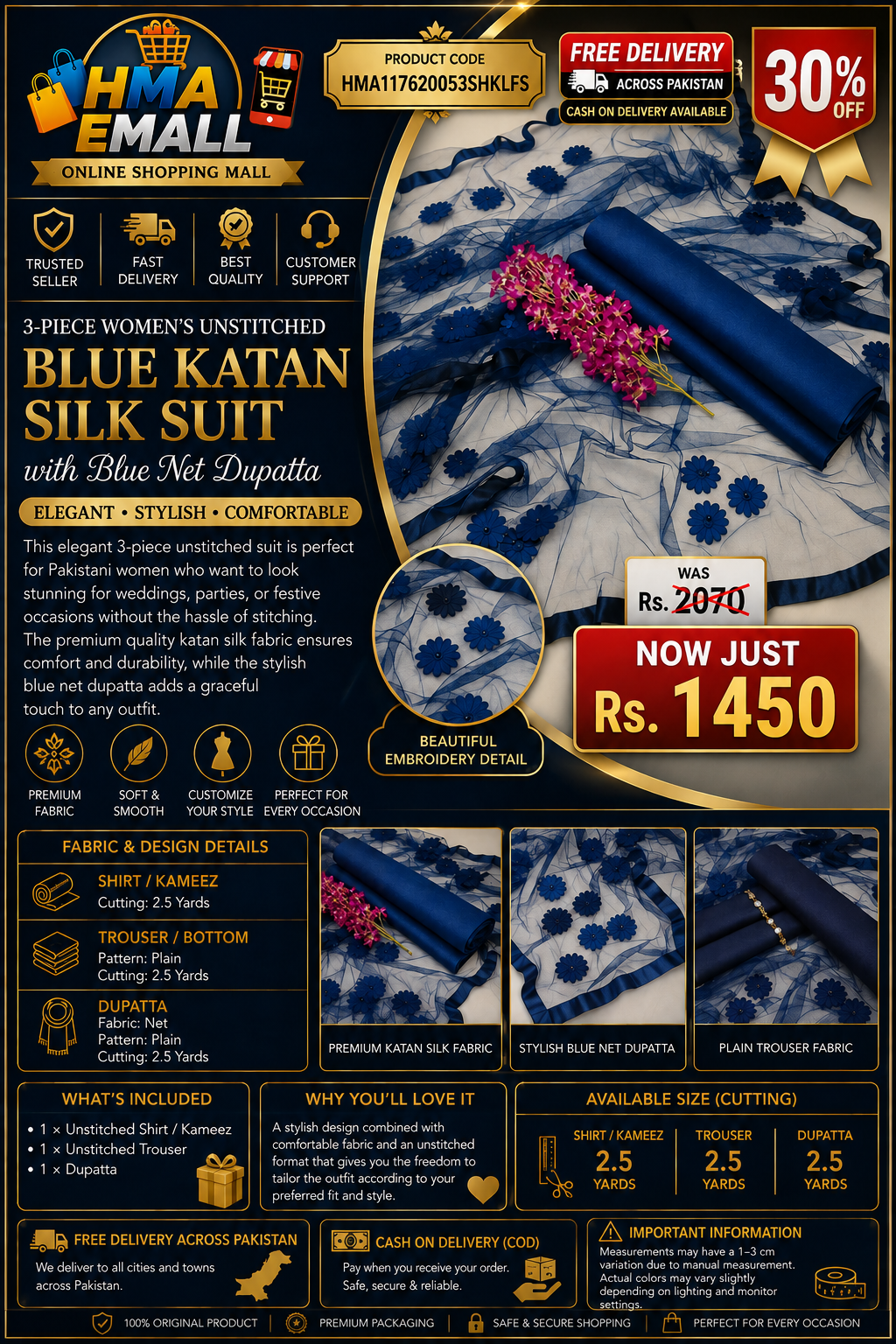 3-Piece Women's Unstitched Blue Katan Silk Suit with Blue Net Dupatta