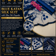 3-Piece Women's Unstitched Blue Katan Silk Suit with Blue Net Dupatta