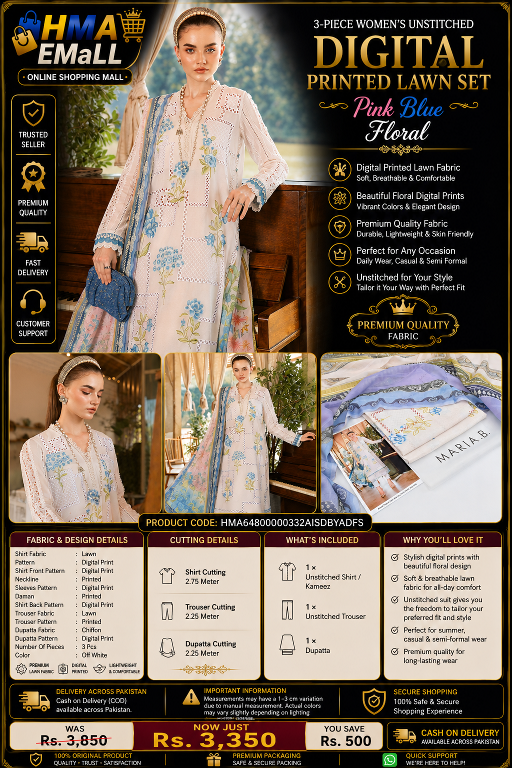 3-Piece Women's Unstitched Digital Printed Lawn Pink Blue Floral