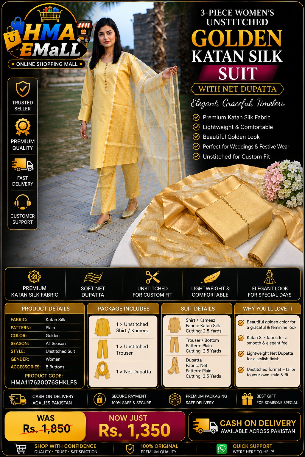 3-Piece Women's Unstitched Golden Katan Silk Suit