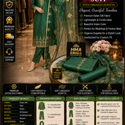 3-Piece Women's Unstitched Green Katan Silk Suit with Organza Dupatta