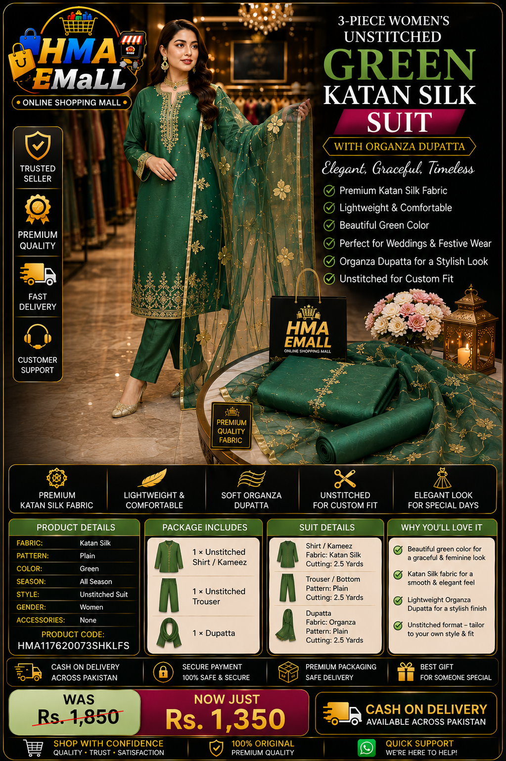3-Piece Women's Unstitched Green Katan Silk Suit with Organza Dupatta