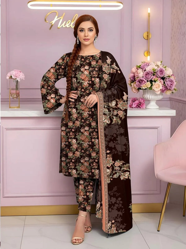 3-Piece Women Floral Printed Lawn Suit Orange