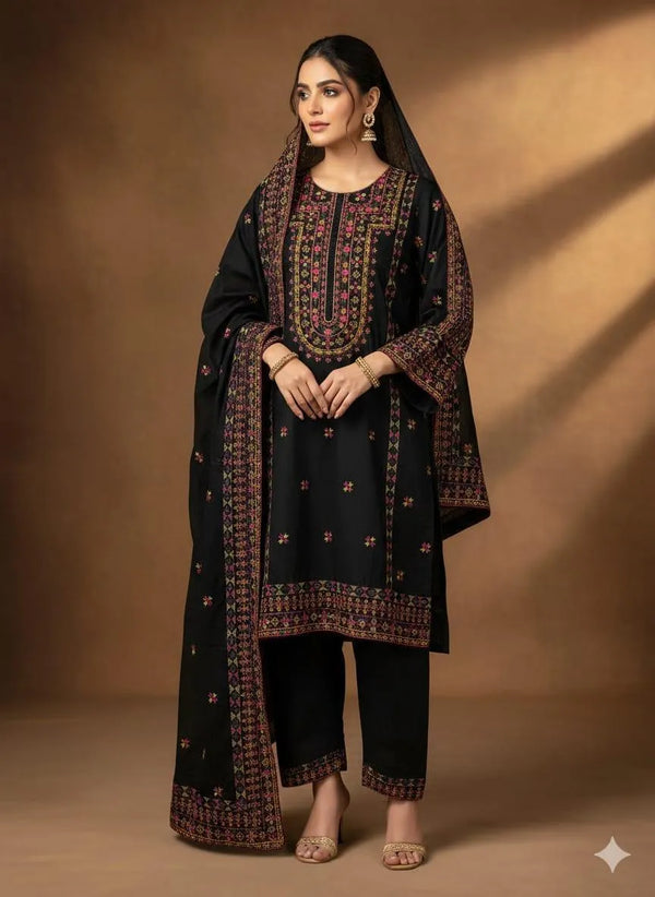 3 Pcs Women's Unstitched Embroidered Lawn Suit – Black