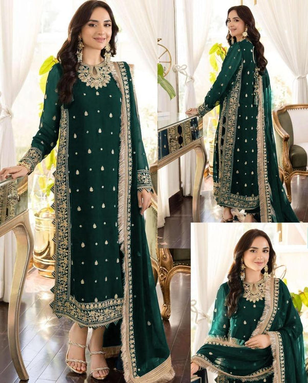 Green Embroidered 3-Piece Crinkle Chiffon Stitched Suit - Medium to XL