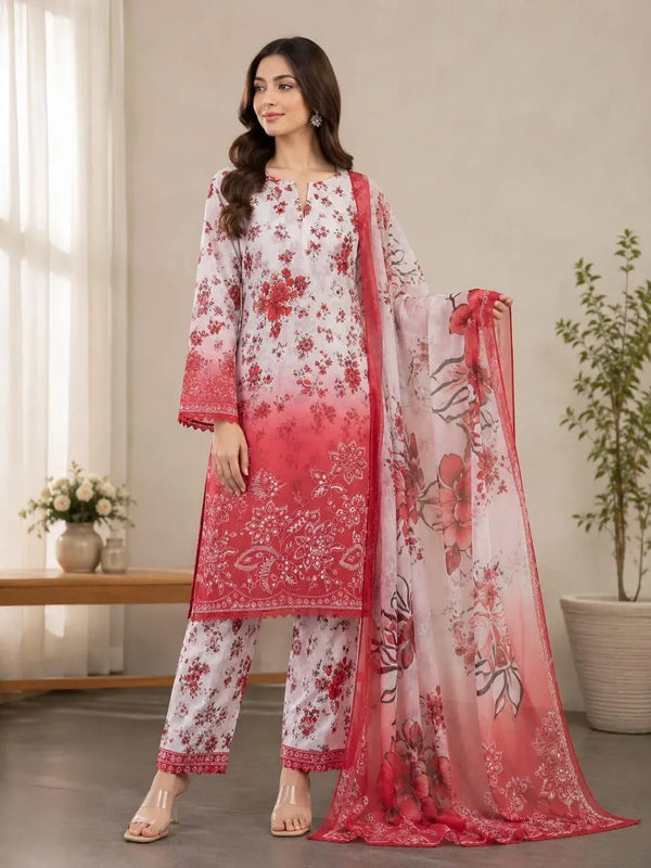 Red Printed Lawn 3-Piece Women Suit Set