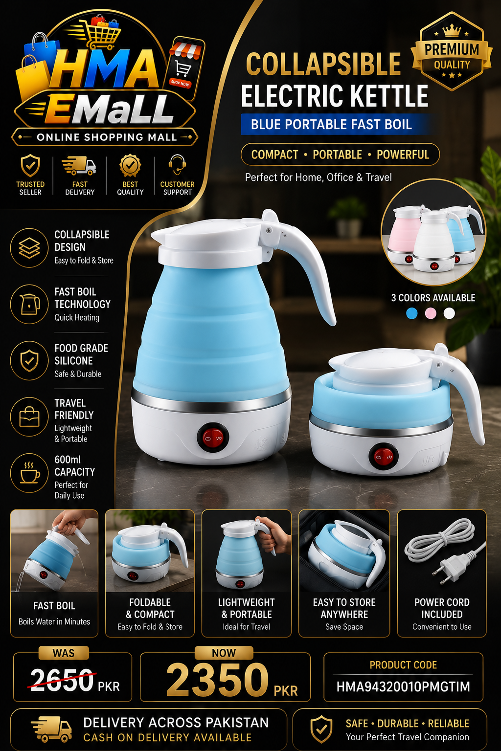 Collapsible Electric Kettle Blue Portable Fast Boil
