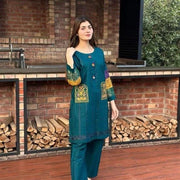 Women's 2-Piece Stitched Cotton Net Embroidered Shirt And Trouser