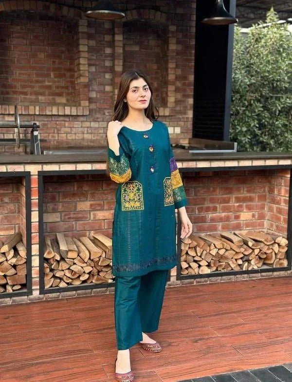 Women's 2-Piece Stitched Cotton Net Embroidered Shirt And Trouser
