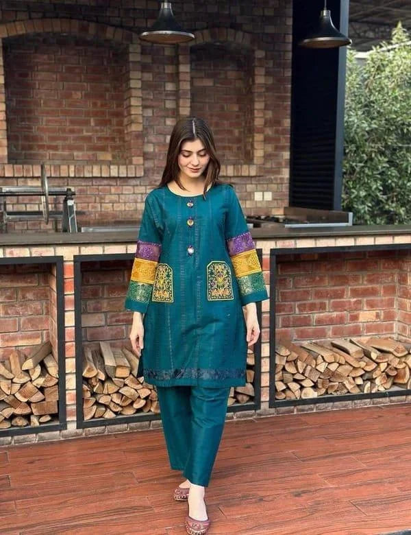 Women's 2-Piece Stitched Cotton Net Embroidered Shirt And Trouser