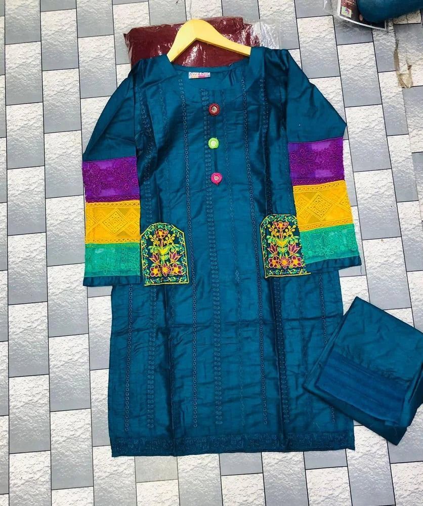 Women's 2-Piece Stitched Cotton Net Embroidered Shirt And Trouser