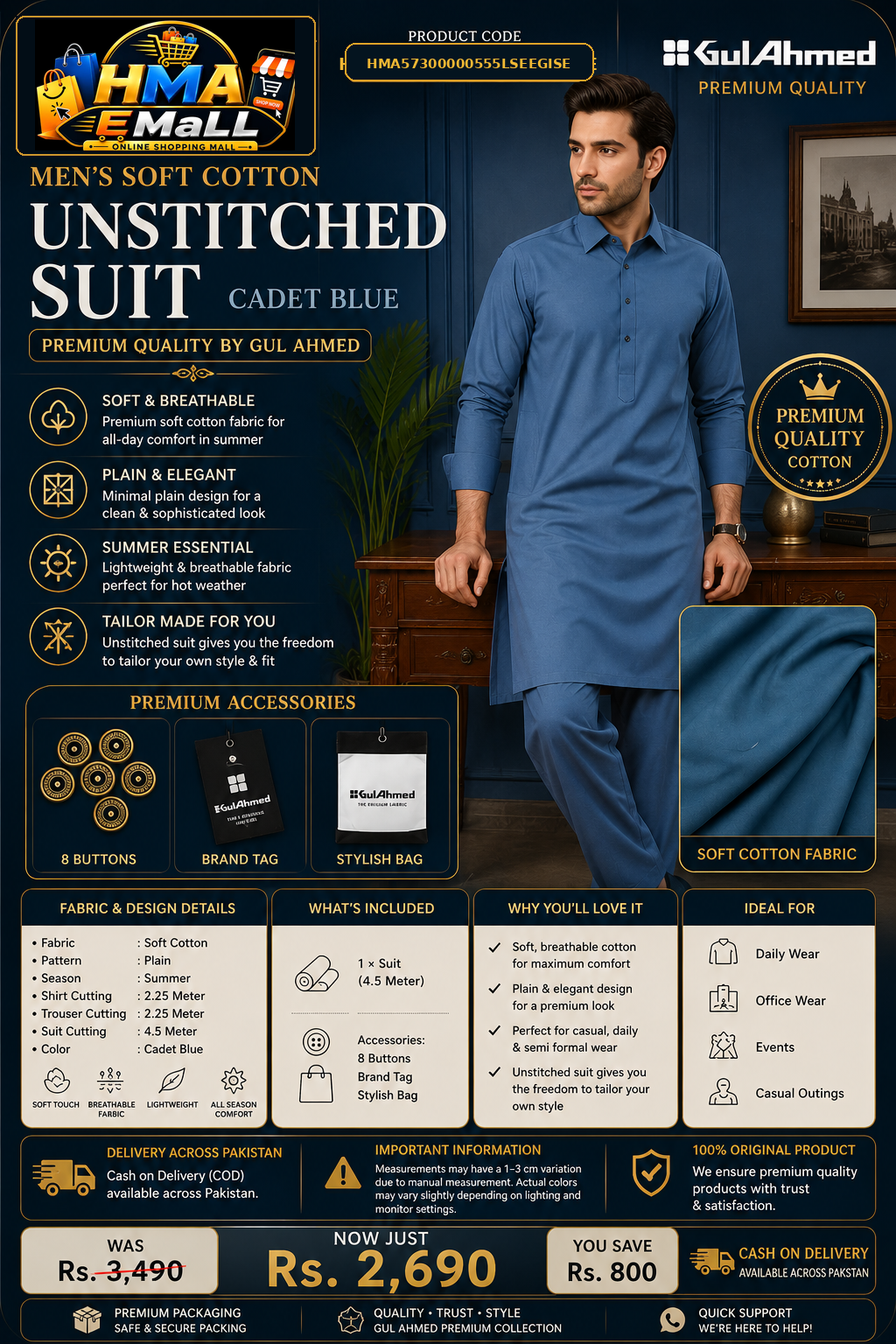 Men's Soft Cotton Unstitched Cadet Blue Premium Quality by Gul Ahmed