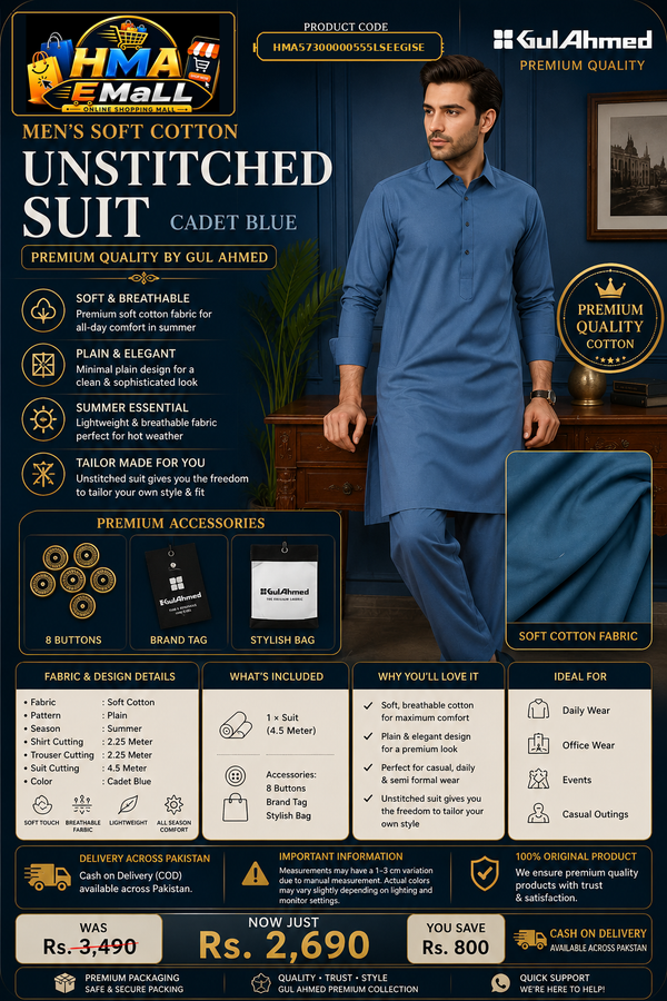 Men's Soft Cotton Unstitched Cadet Blue Premium Quality by Gul Ahmed