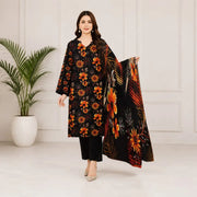 3-Piece Women's Unstitched Black Printed Dobby Lawn Suit