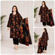3-Piece Women's Unstitched Black Printed Dobby Lawn Suit