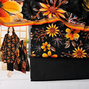 3-Piece Women's Unstitched Black Printed Dobby Lawn Suit