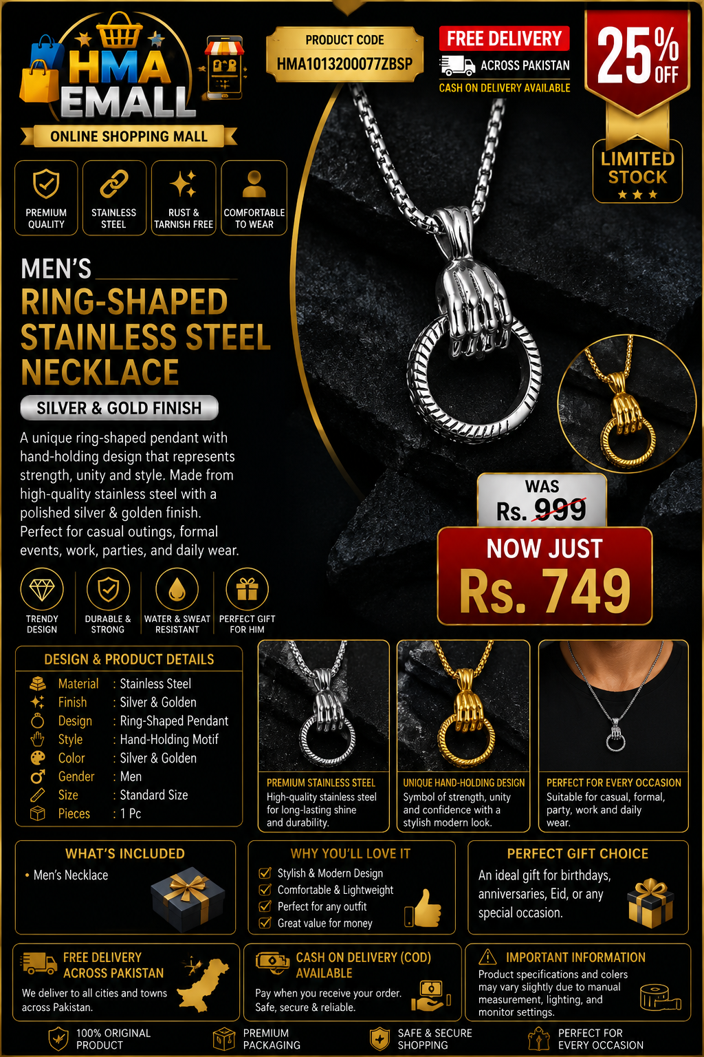 Men's Ring-Shaped Stainless Steel Necklace – Silver & Gold