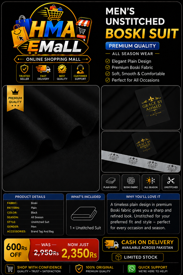 Men's Unstitched Black Boski Fabric for Men Wedding Office Wear