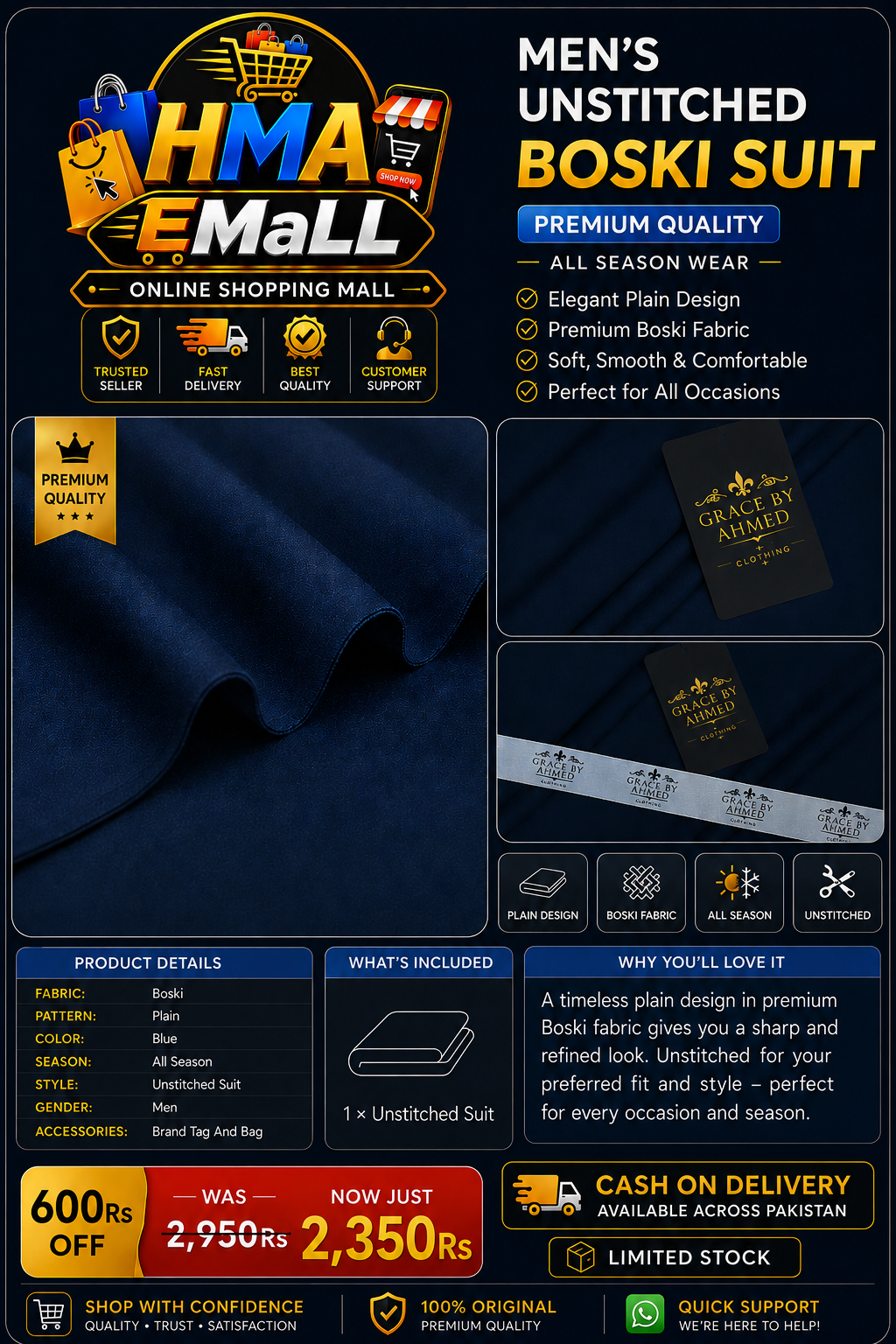 Men Unstitched Boski Suit Blue Premium Men All Season