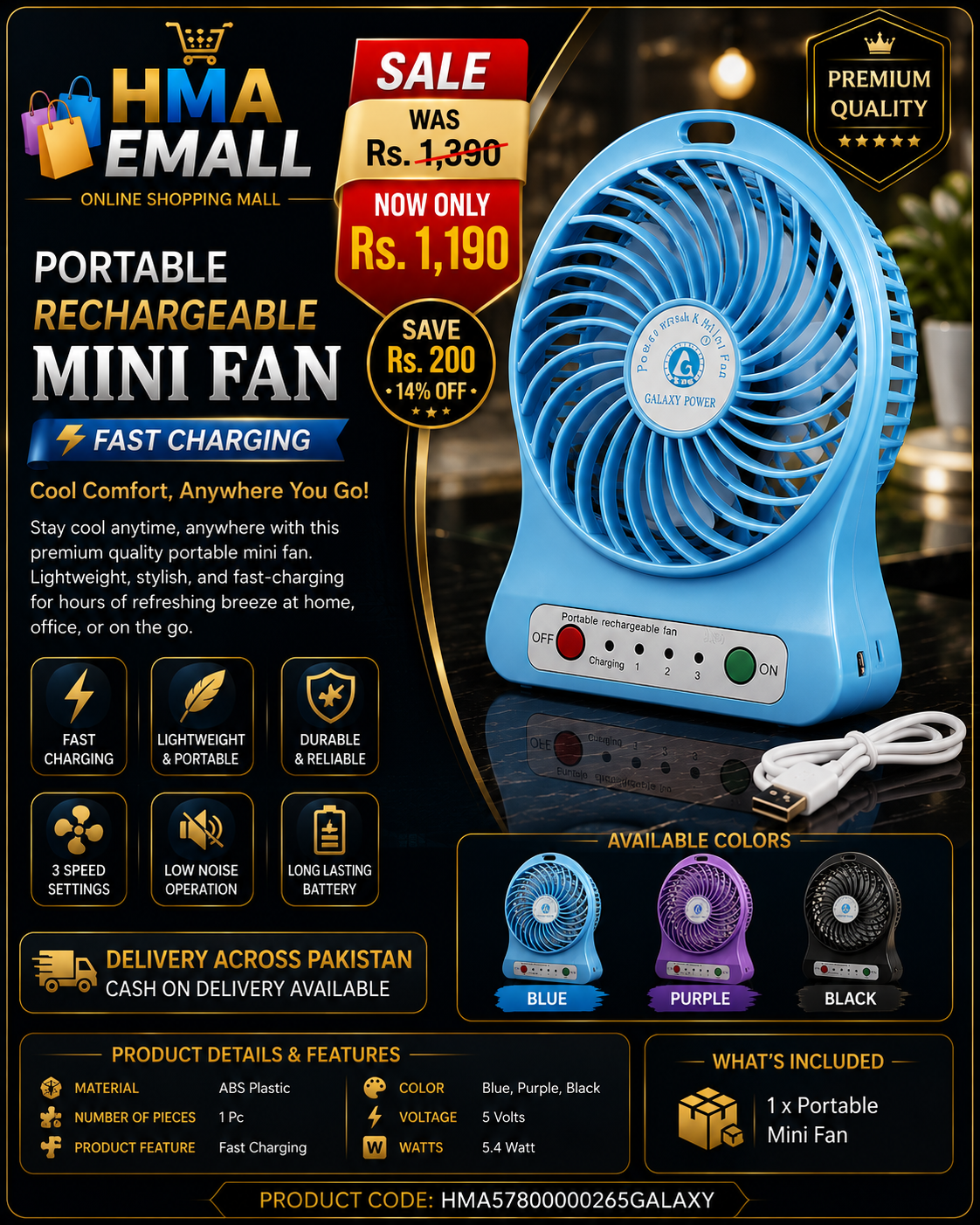 Portable Rechargeable Mini Fan Blue Fast Charging