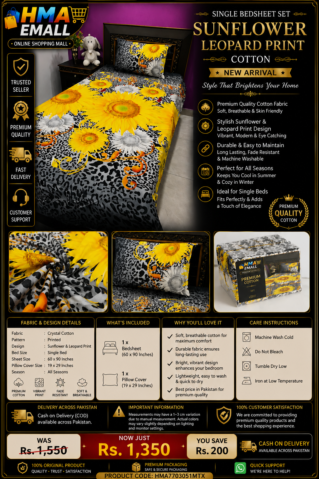 Single BedSheet Set Sunflower Leopard Print Cotton