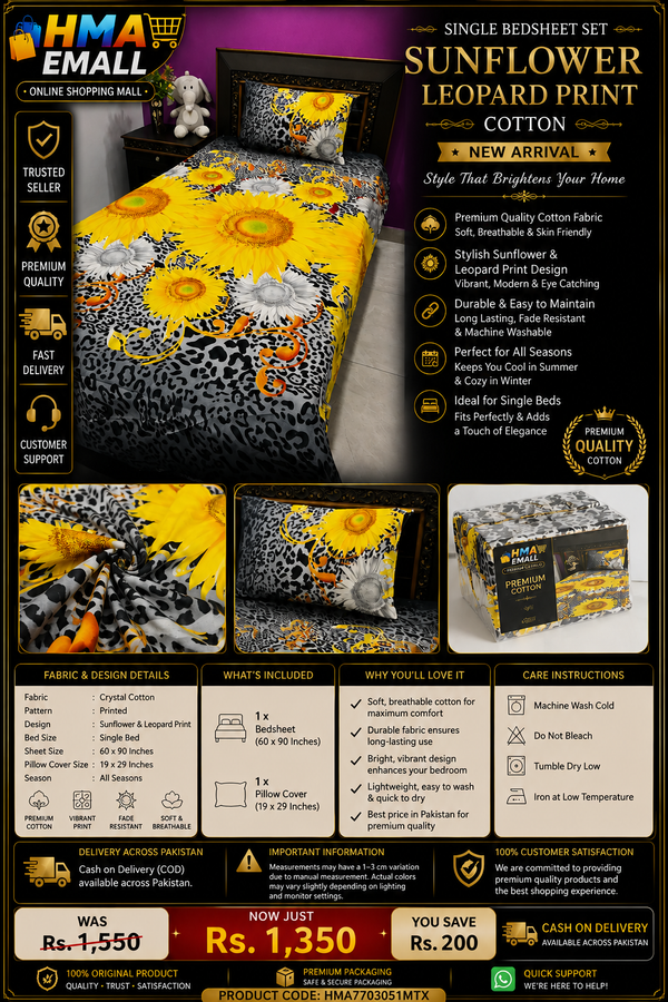 Single BedSheet Set Sunflower Leopard Print Cotton